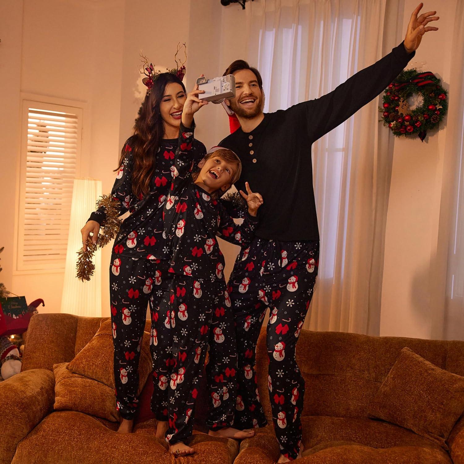imageEkouaer Family Christmas Pajamas Matching Sets Womens Mens Pjs Long Sleeve Sleepwear Holiday Lounge SetsBlack Snowman and Snowflake