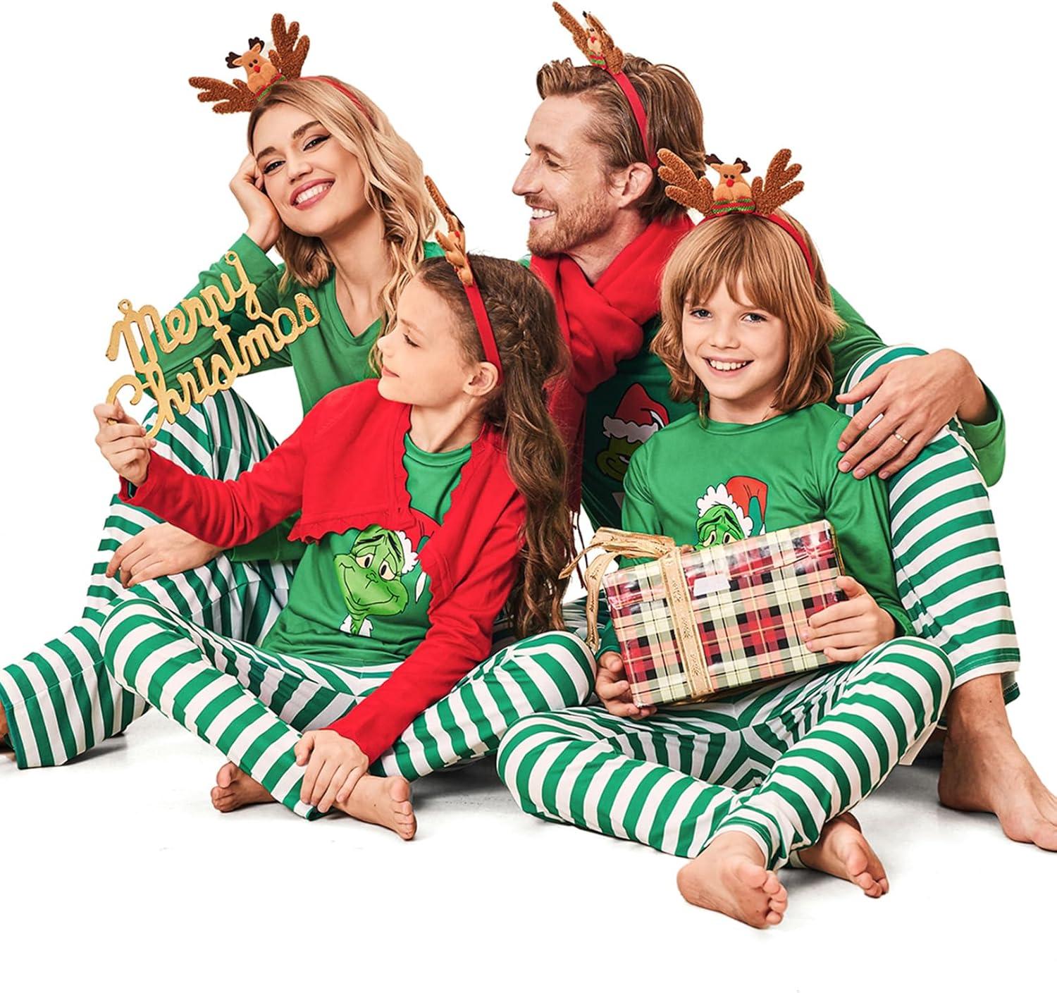 imageEkouaer Family Pajamas Matching Sets Couples Long Sleeve Christmas Pjs Top with Long Green Stripe Pants PAT4 M