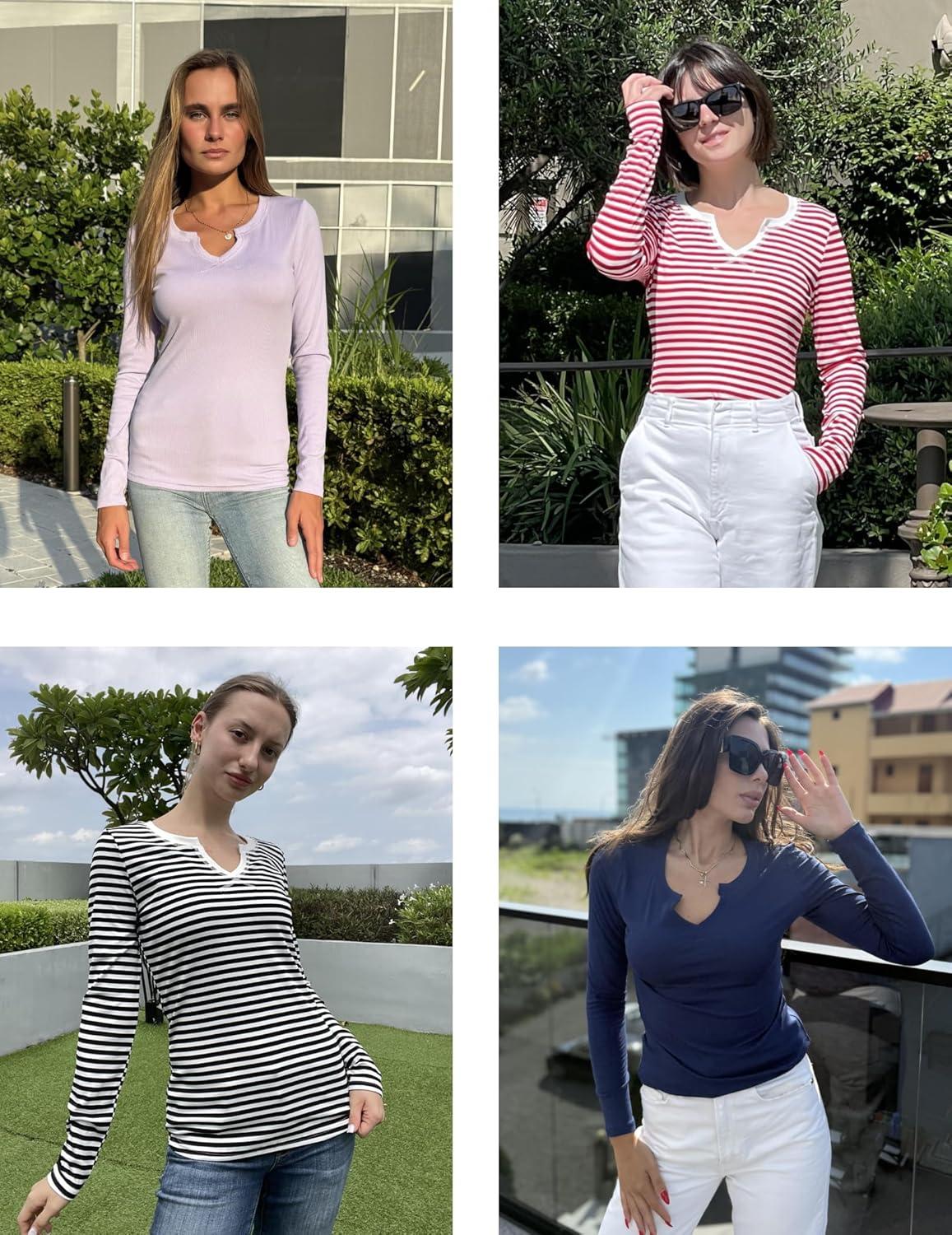 imageEkouaer Long Sleeve Shirts for Women V Neck Basic Ribbed T Shirt Thermal Undershirts Slim Fit Casual Tee TopsNavy