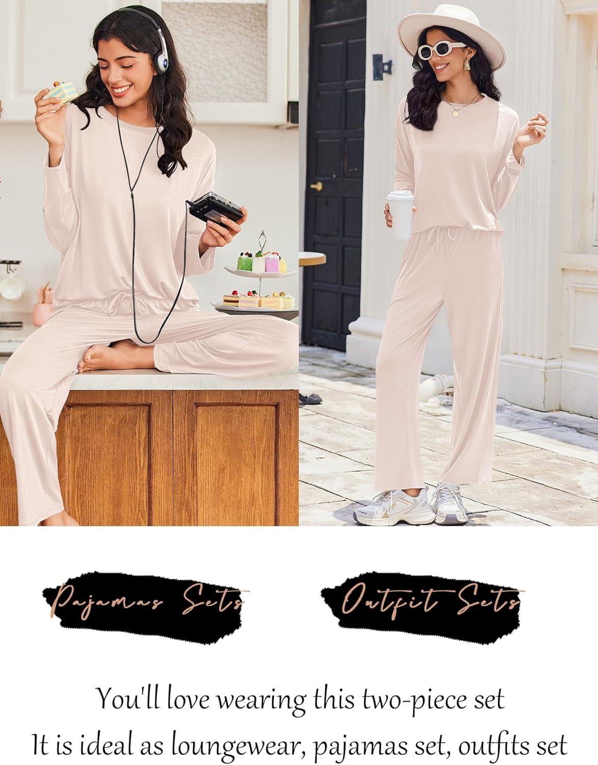 imageEkouaer Lounge Sets for Women Long Sleeve Pajamas Fall Loungewear Soft Comfy Pjs Two Piece Travel Outfits SetBeige