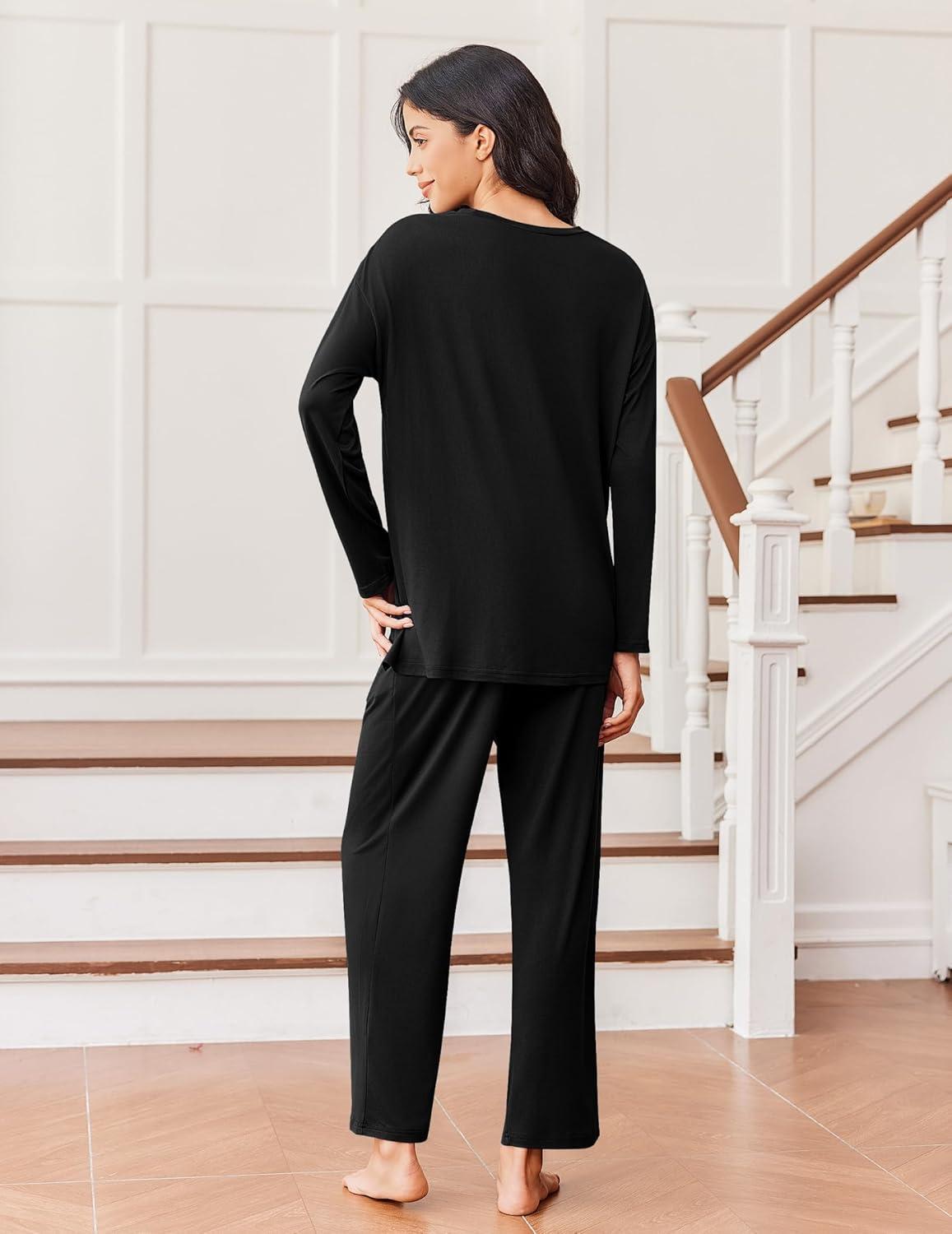 imageEkouaer Lounge Sets for Women Long Sleeve Pajamas Fall Loungewear Soft Comfy Pjs Two Piece Travel Outfits SetBlack