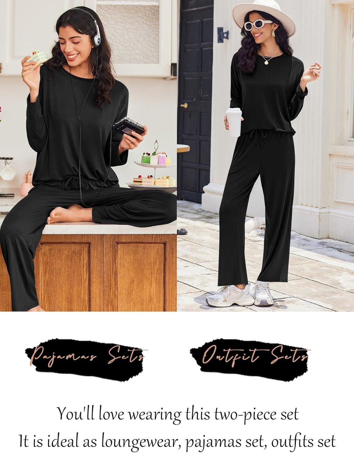 imageEkouaer Lounge Sets for Women Long Sleeve Pajamas Fall Loungewear Soft Comfy Pjs Two Piece Travel Outfits SetBlack