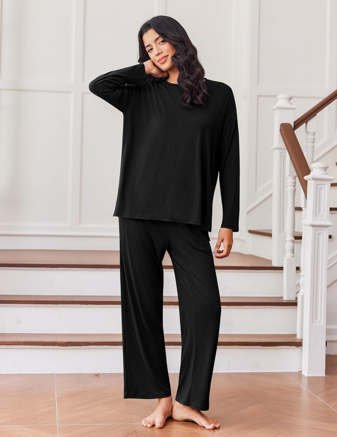 imageEkouaer Lounge Sets for Women Long Sleeve Pajamas Fall Loungewear Soft Comfy Pjs Two Piece Travel Outfits SetBlack