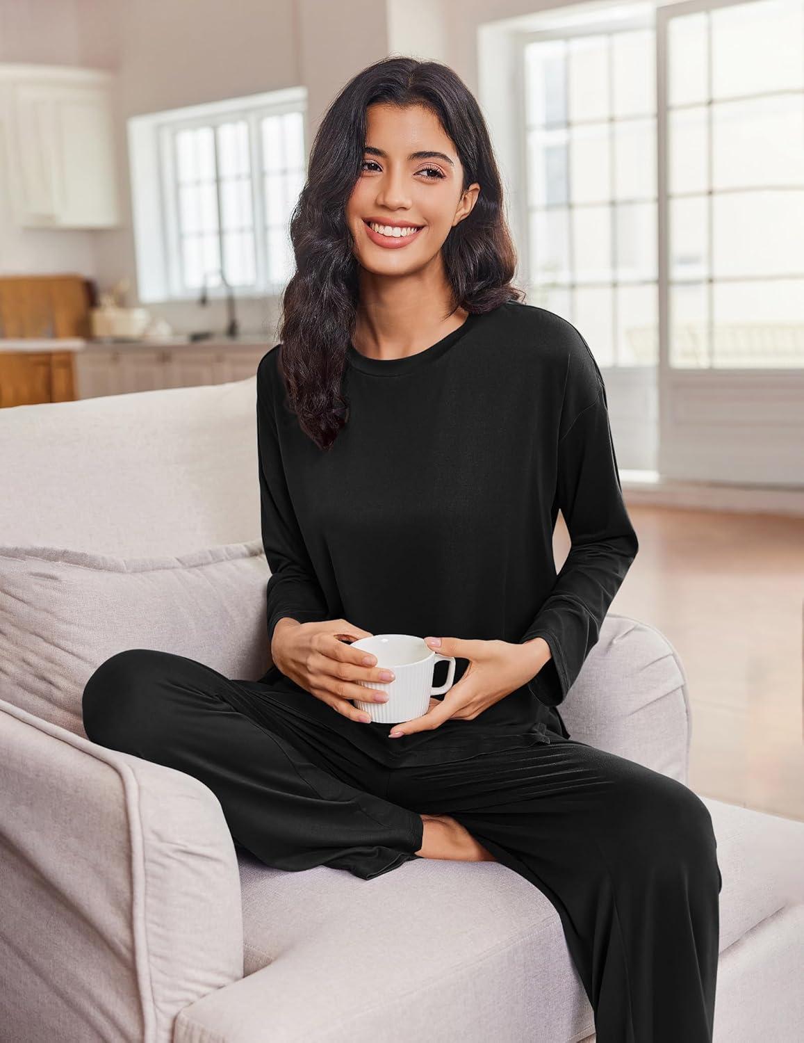 imageEkouaer Lounge Sets for Women Long Sleeve Pajamas Fall Loungewear Soft Comfy Pjs Two Piece Travel Outfits SetBlack