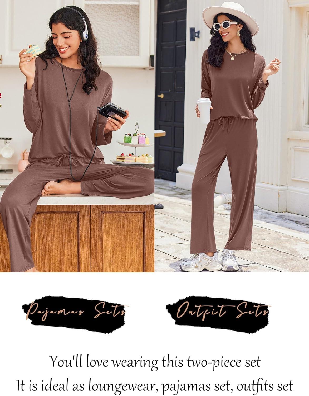 imageEkouaer Lounge Sets for Women Long Sleeve Pajamas Fall Loungewear Soft Comfy Pjs Two Piece Travel Outfits SetBrown