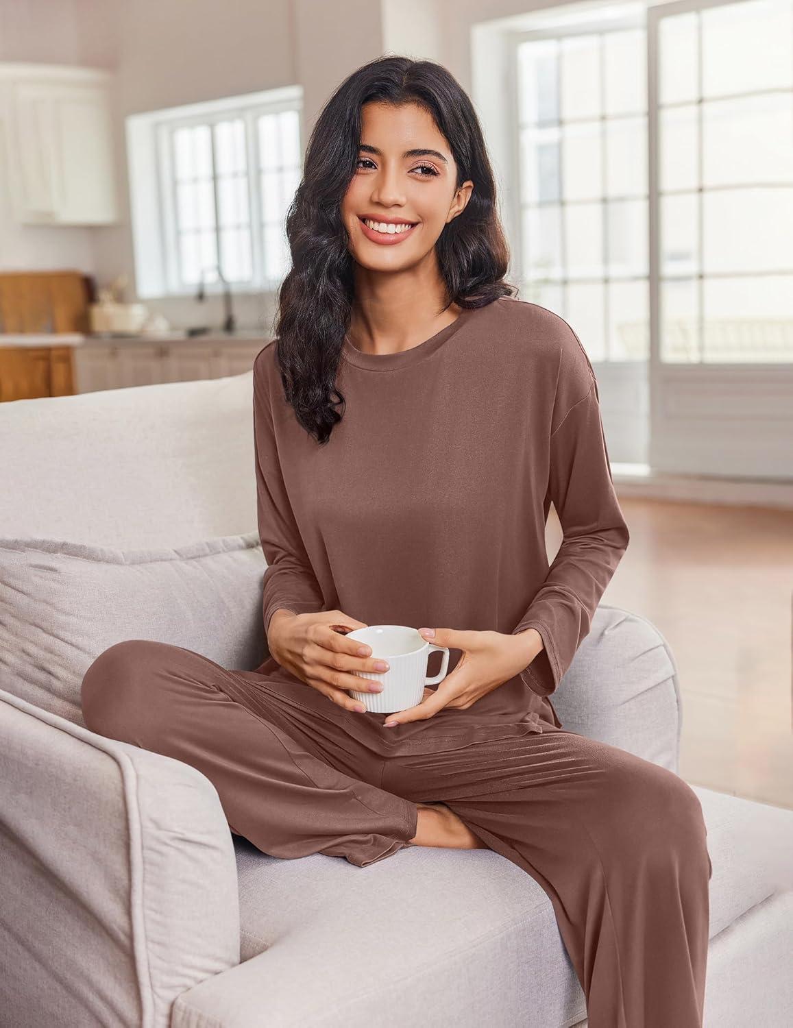 imageEkouaer Lounge Sets for Women Long Sleeve Pajamas Fall Loungewear Soft Comfy Pjs Two Piece Travel Outfits SetBrown