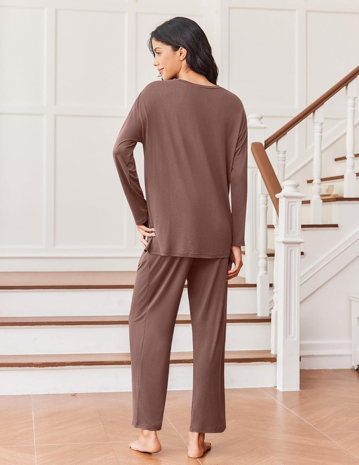 imageEkouaer Lounge Sets for Women Long Sleeve Pajamas Fall Loungewear Soft Comfy Pjs Two Piece Travel Outfits SetBrown