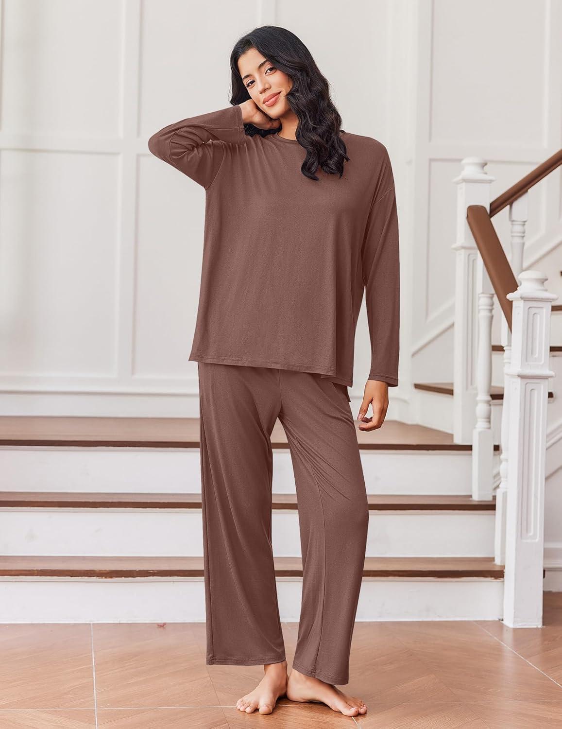 imageEkouaer Lounge Sets for Women Long Sleeve Pajamas Fall Loungewear Soft Comfy Pjs Two Piece Travel Outfits SetBrown