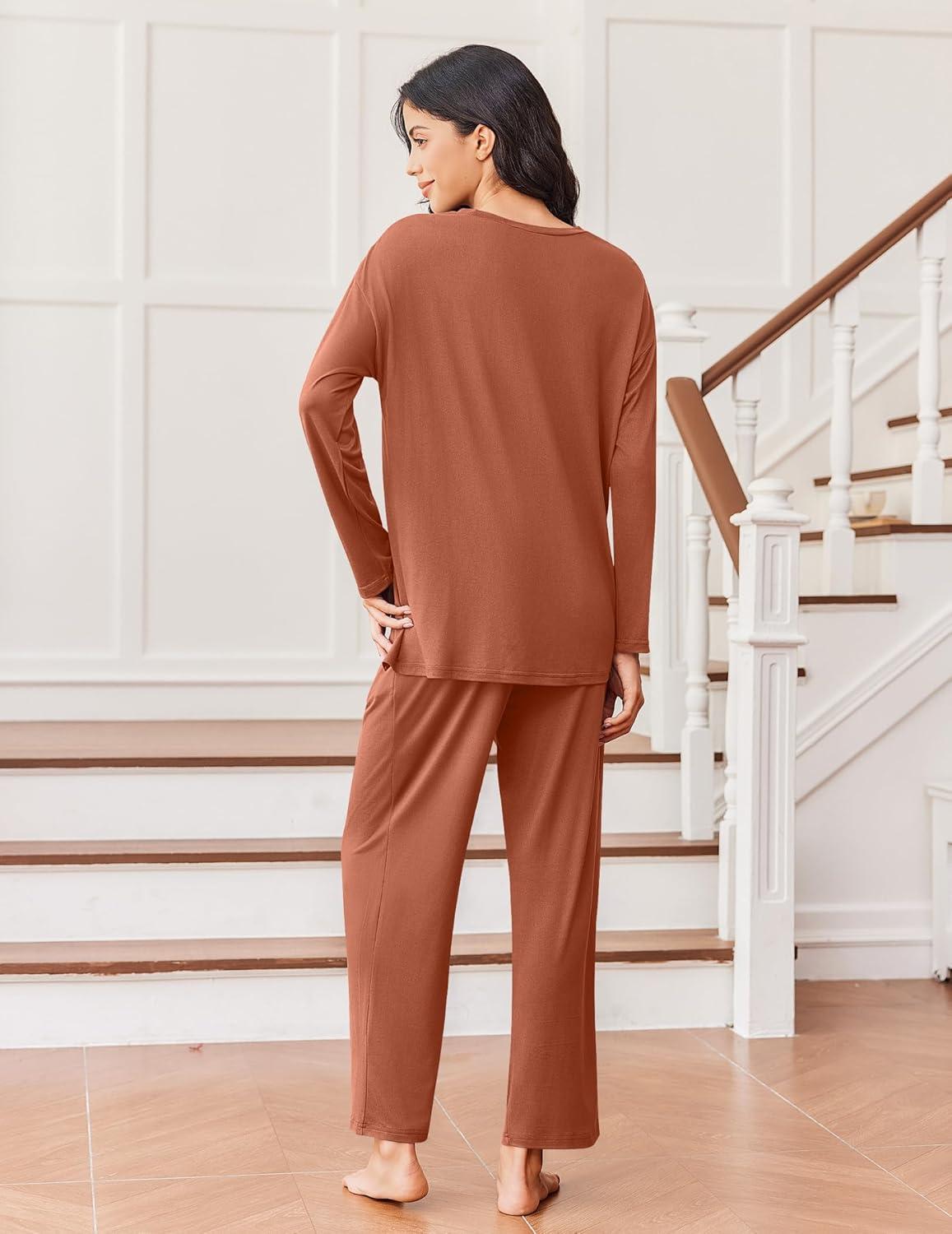 imageEkouaer Lounge Sets for Women Long Sleeve Pajamas Fall Loungewear Soft Comfy Pjs Two Piece Travel Outfits SetCamel
