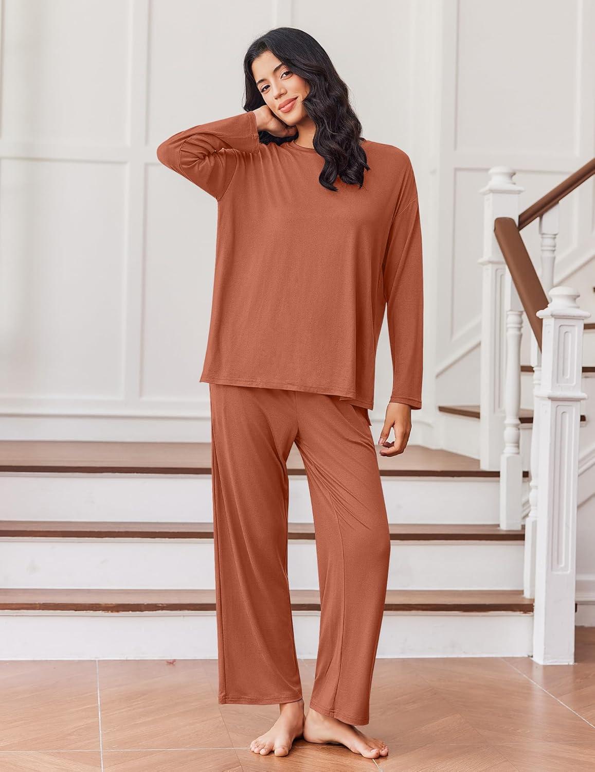 imageEkouaer Lounge Sets for Women Long Sleeve Pajamas Fall Loungewear Soft Comfy Pjs Two Piece Travel Outfits SetCamel