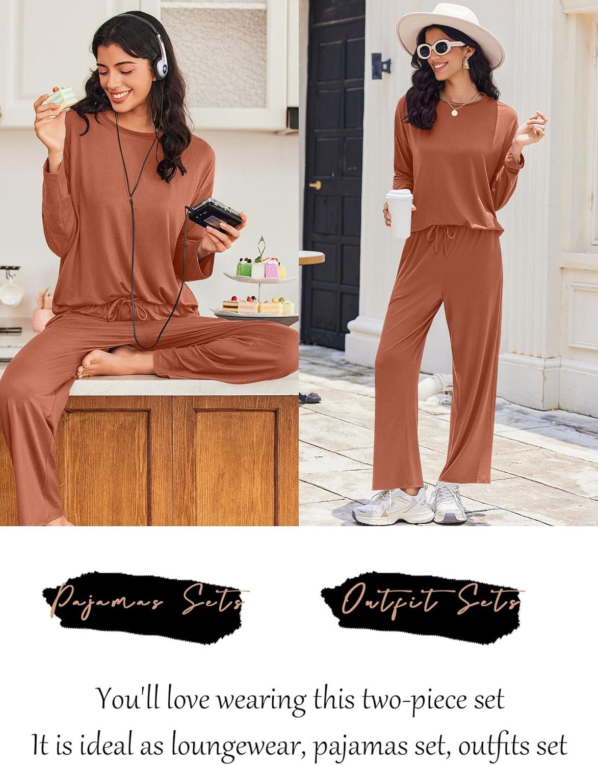 imageEkouaer Lounge Sets for Women Long Sleeve Pajamas Fall Loungewear Soft Comfy Pjs Two Piece Travel Outfits SetCamel