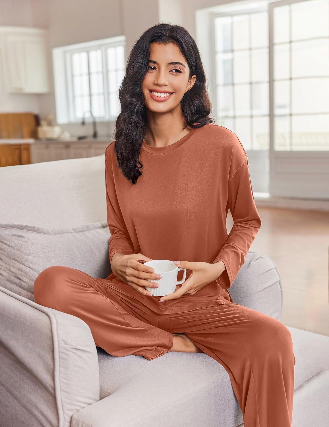 imageEkouaer Lounge Sets for Women Long Sleeve Pajamas Fall Loungewear Soft Comfy Pjs Two Piece Travel Outfits SetCamel