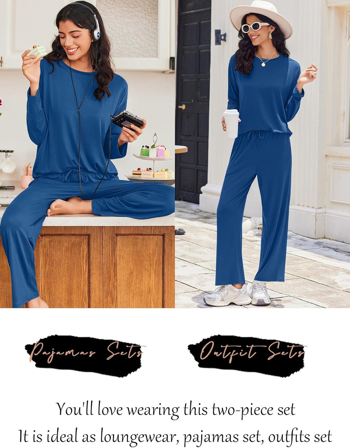imageEkouaer Lounge Sets for Women Long Sleeve Pajamas Fall Loungewear Soft Comfy Pjs Two Piece Travel Outfits SetDark Blue
