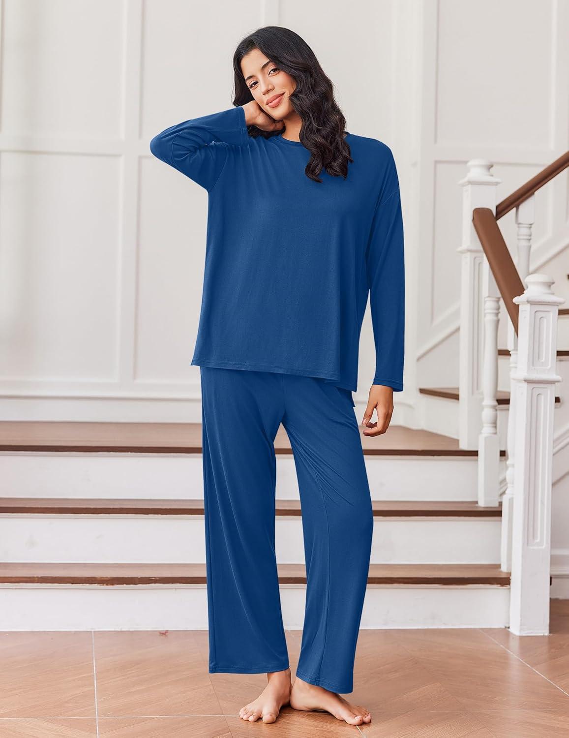 imageEkouaer Lounge Sets for Women Long Sleeve Pajamas Fall Loungewear Soft Comfy Pjs Two Piece Travel Outfits SetDark Blue