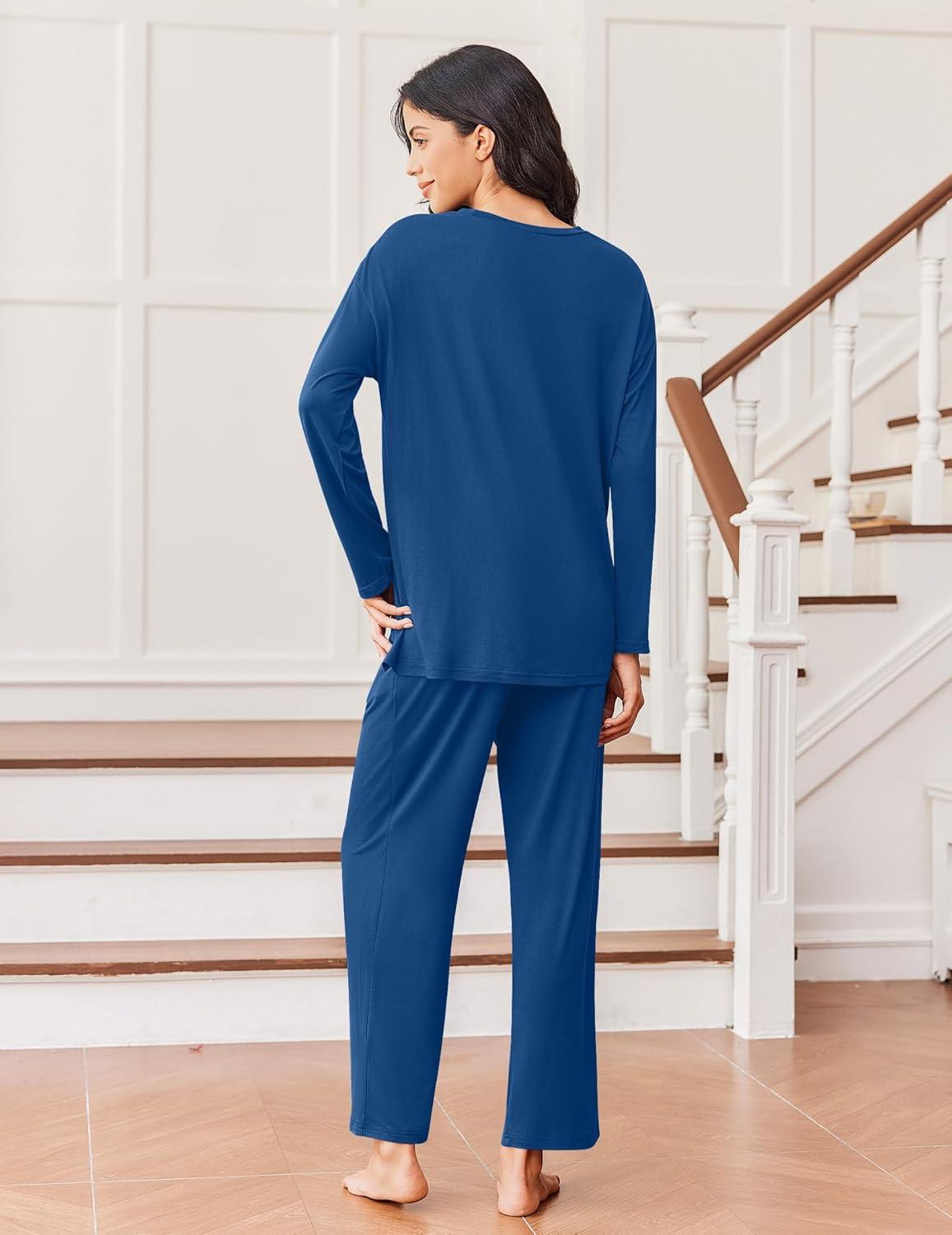 imageEkouaer Lounge Sets for Women Long Sleeve Pajamas Fall Loungewear Soft Comfy Pjs Two Piece Travel Outfits SetDark Blue