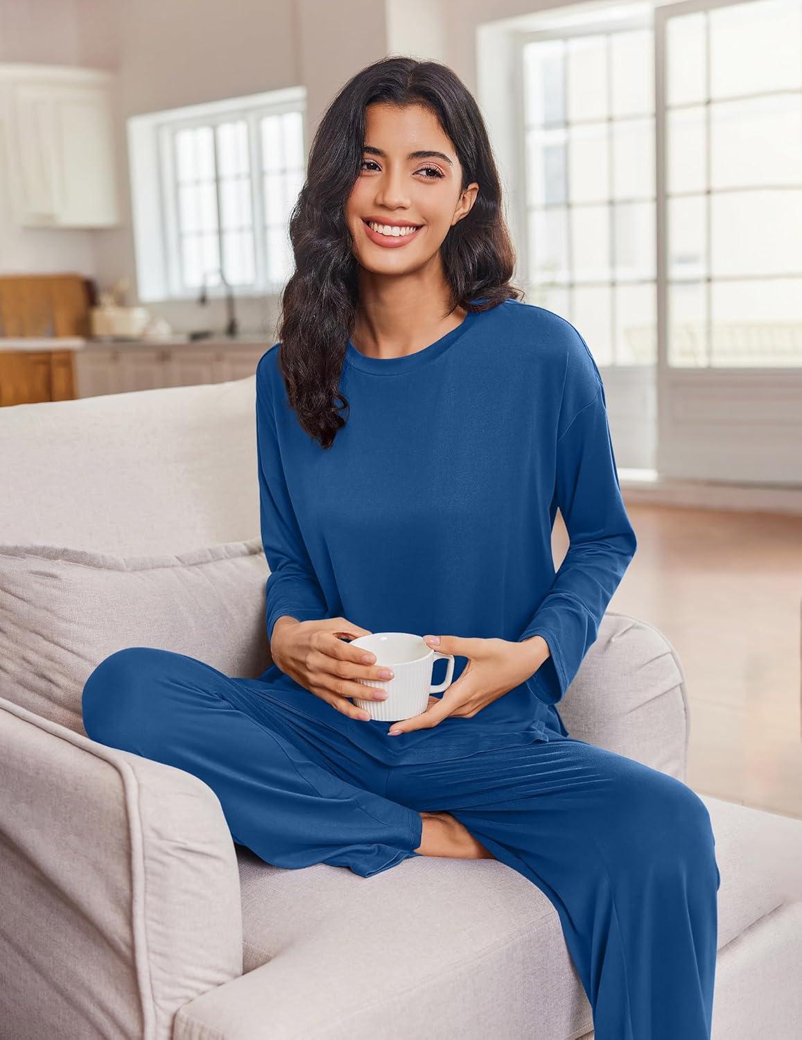imageEkouaer Lounge Sets for Women Long Sleeve Pajamas Fall Loungewear Soft Comfy Pjs Two Piece Travel Outfits SetDark Blue