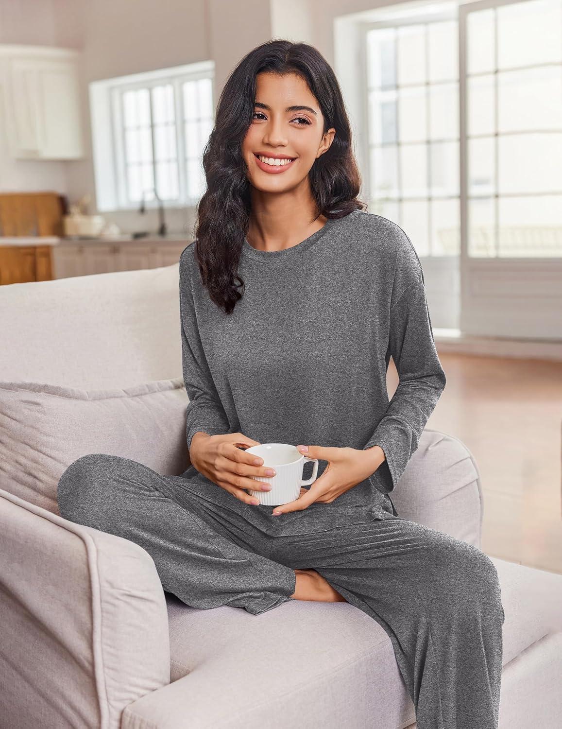imageEkouaer Lounge Sets for Women Long Sleeve Pajamas Fall Loungewear Soft Comfy Pjs Two Piece Travel Outfits SetDark Gray
