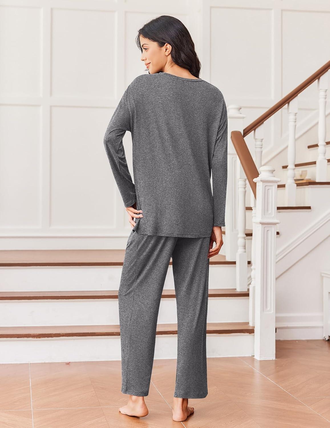 imageEkouaer Lounge Sets for Women Long Sleeve Pajamas Fall Loungewear Soft Comfy Pjs Two Piece Travel Outfits SetDark Gray