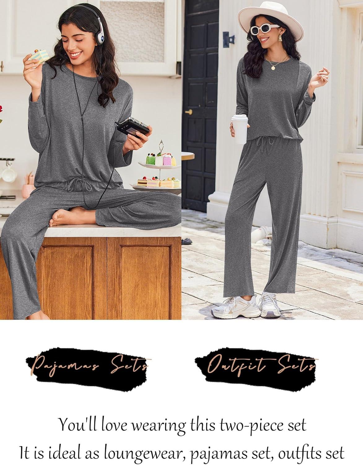 imageEkouaer Lounge Sets for Women Long Sleeve Pajamas Fall Loungewear Soft Comfy Pjs Two Piece Travel Outfits SetDark Gray