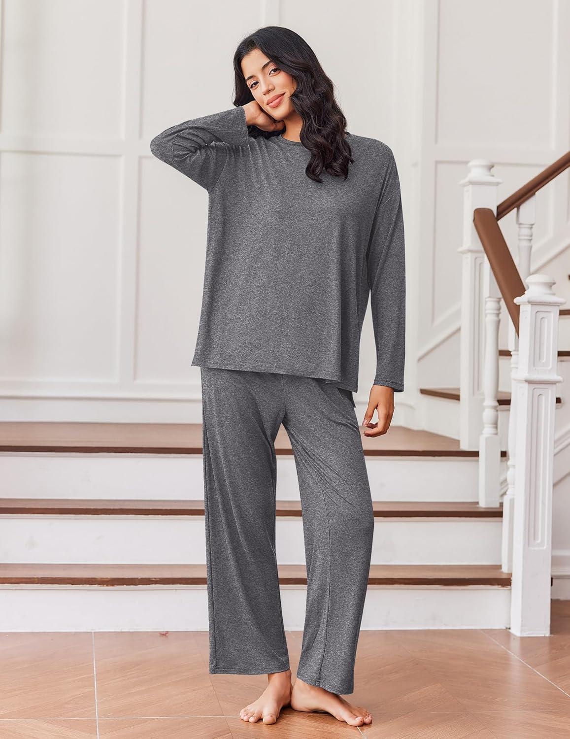 imageEkouaer Lounge Sets for Women Long Sleeve Pajamas Fall Loungewear Soft Comfy Pjs Two Piece Travel Outfits SetDark Gray
