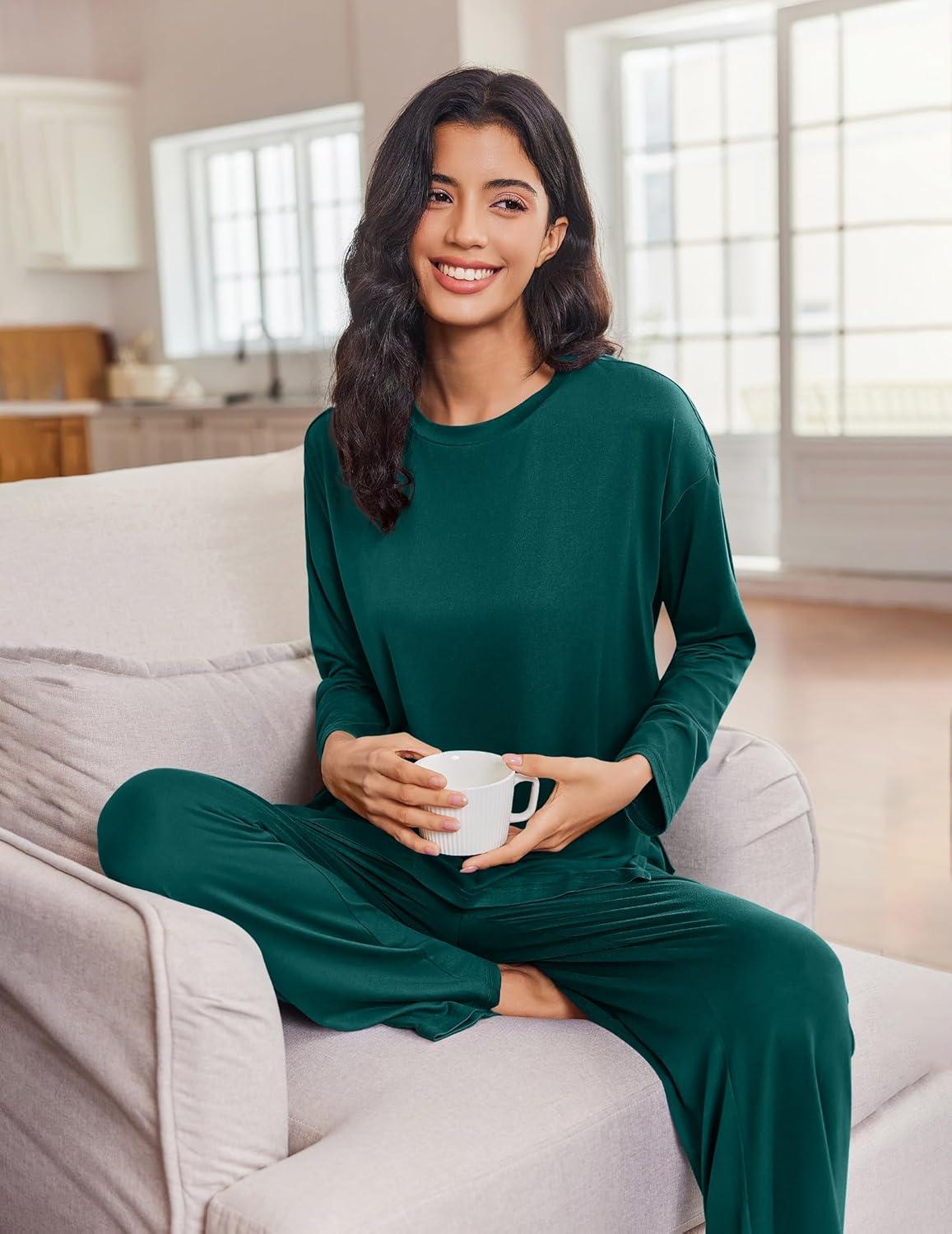 imageEkouaer Lounge Sets for Women Long Sleeve Pajamas Fall Loungewear Soft Comfy Pjs Two Piece Travel Outfits SetGreen