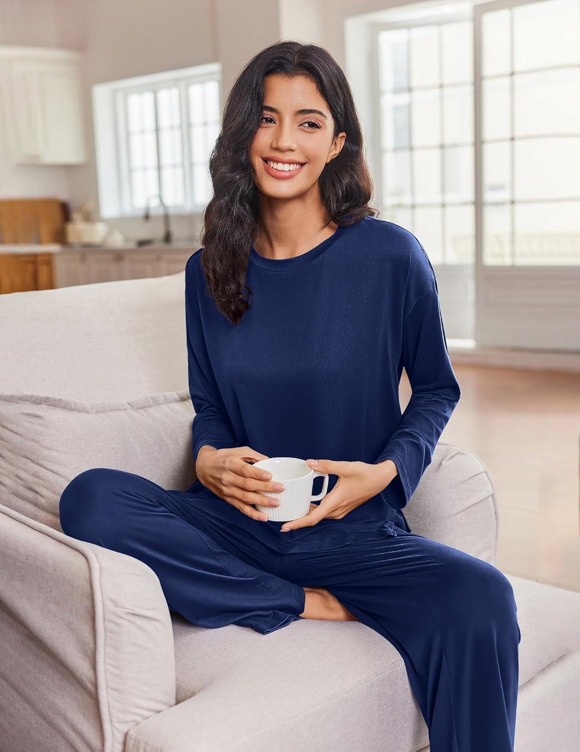 imageEkouaer Lounge Sets for Women Long Sleeve Pajamas Fall Loungewear Soft Comfy Pjs Two Piece Travel Outfits SetNavy Blue
