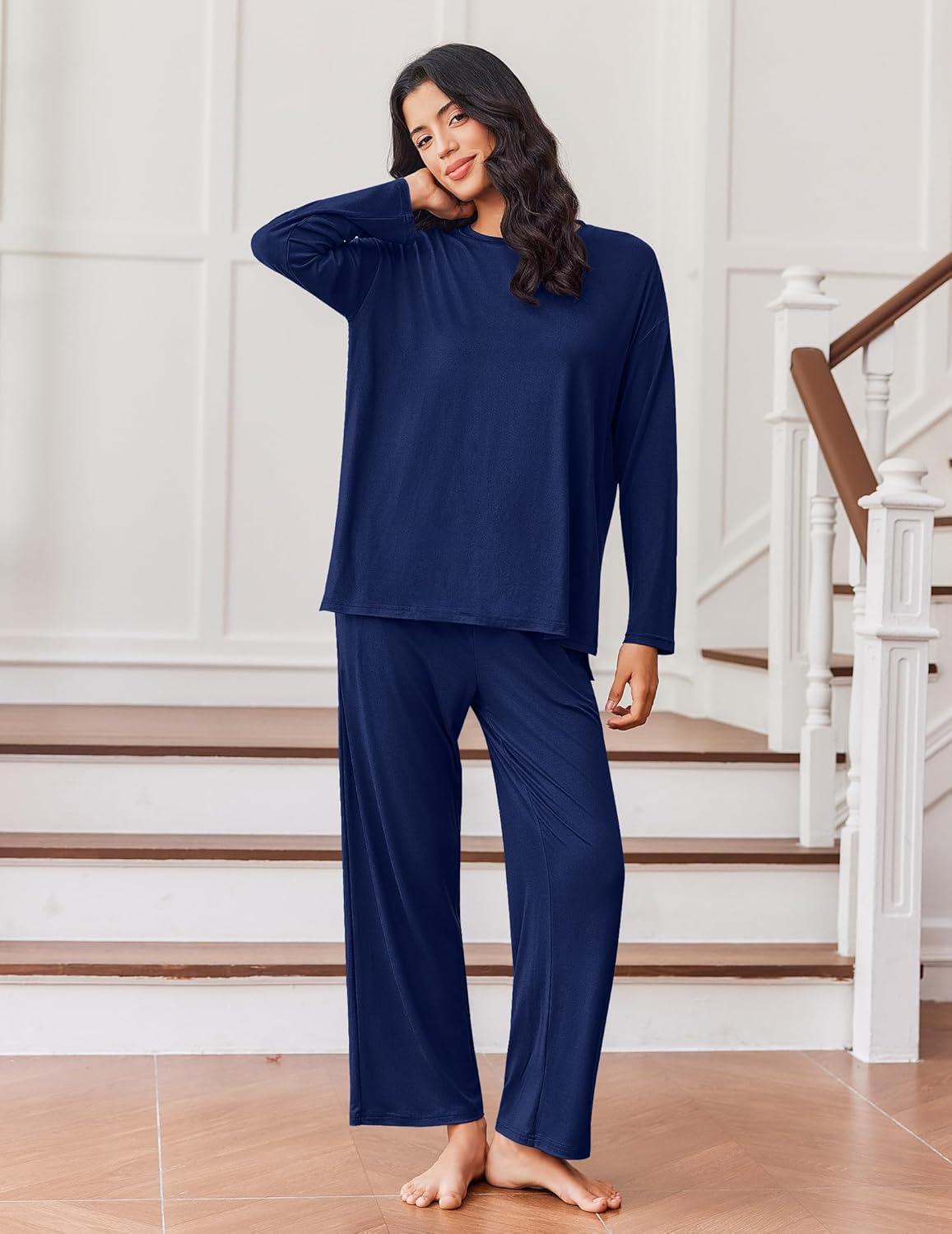 imageEkouaer Lounge Sets for Women Long Sleeve Pajamas Fall Loungewear Soft Comfy Pjs Two Piece Travel Outfits SetNavy Blue