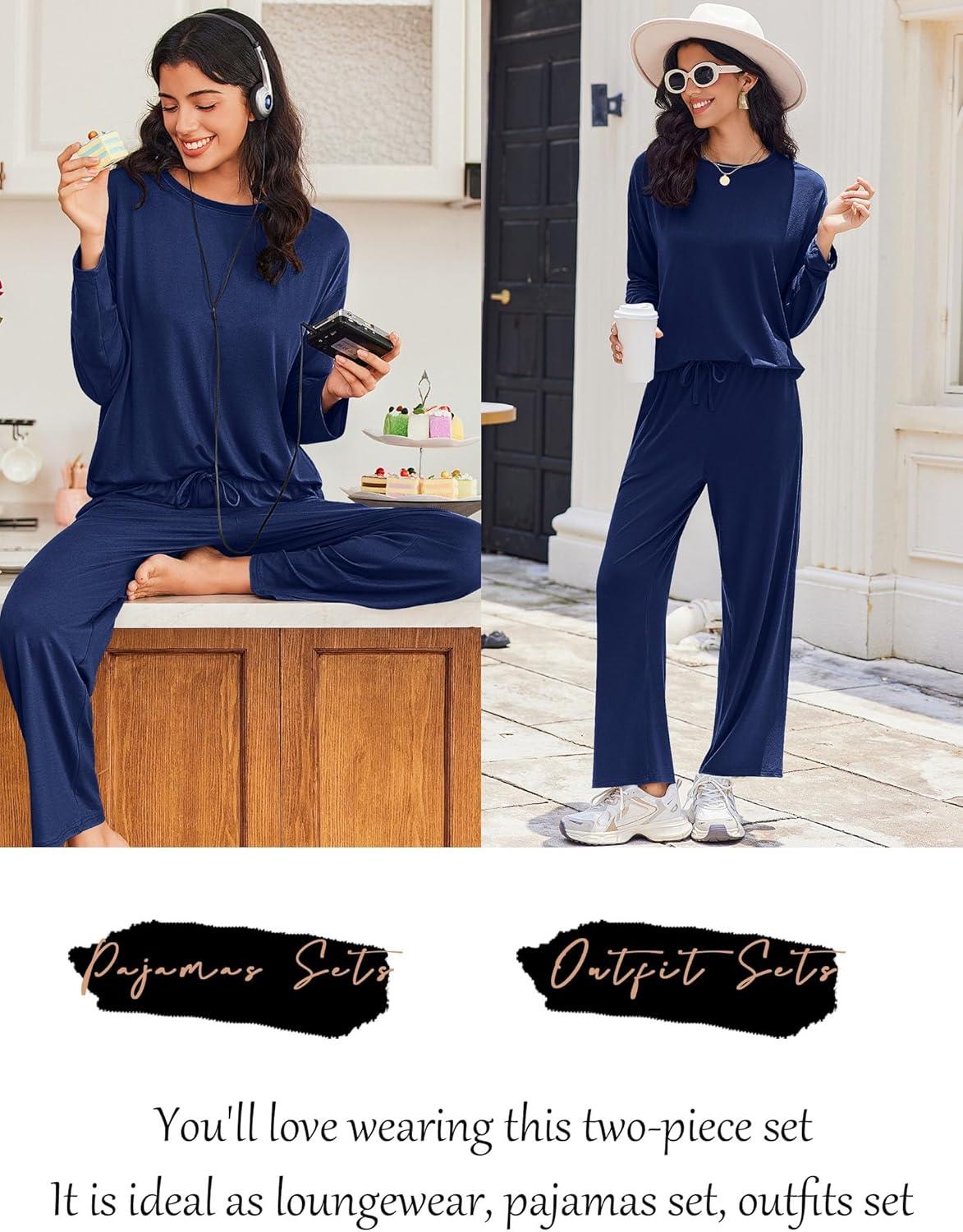 imageEkouaer Lounge Sets for Women Long Sleeve Pajamas Fall Loungewear Soft Comfy Pjs Two Piece Travel Outfits SetNavy Blue