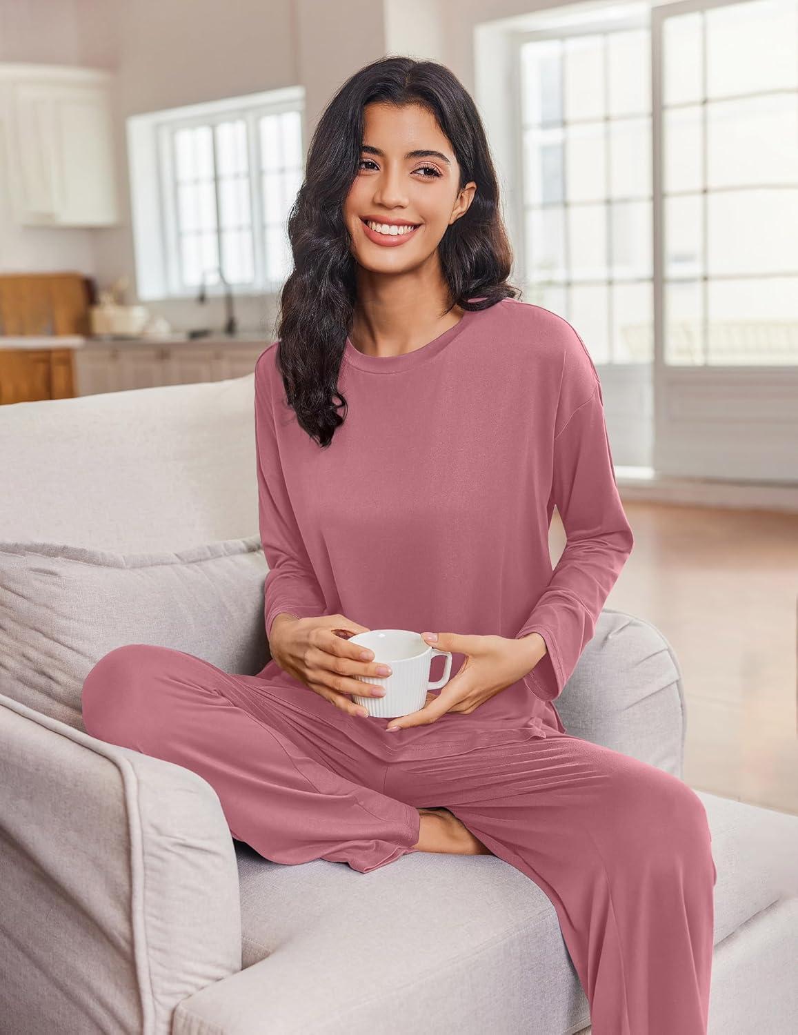 imageEkouaer Lounge Sets for Women Long Sleeve Pajamas Fall Loungewear Soft Comfy Pjs Two Piece Travel Outfits SetOld Rose