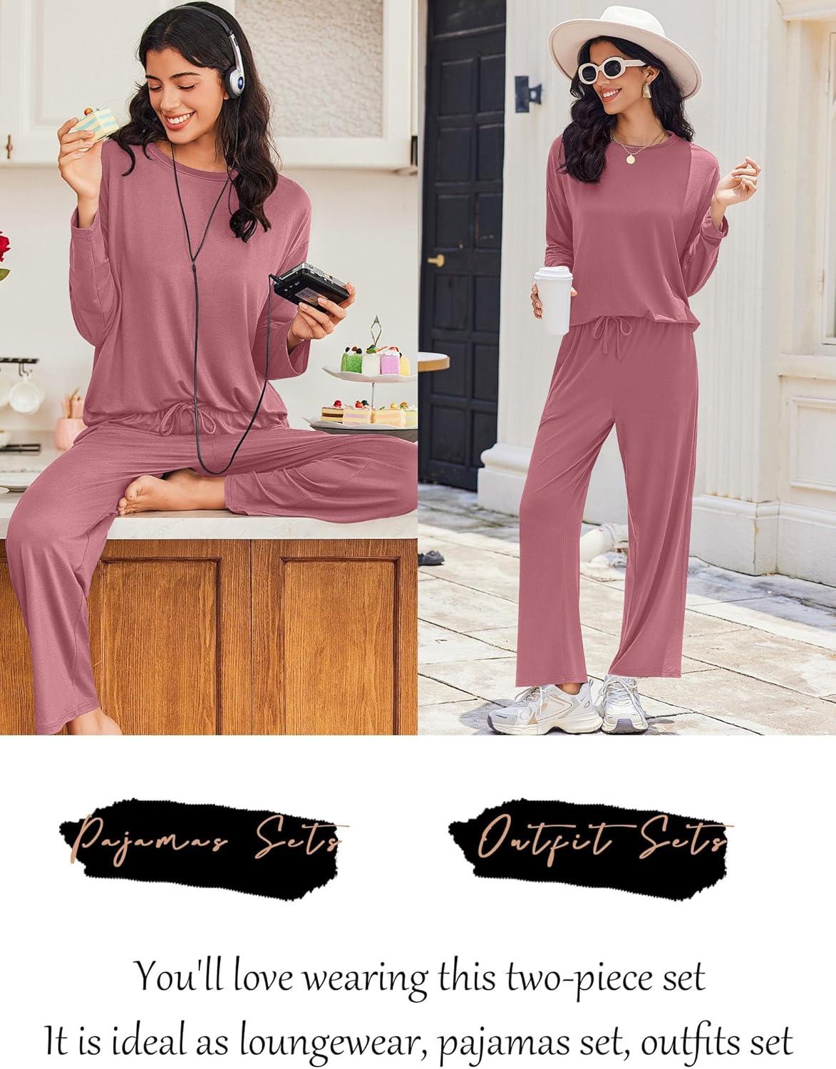imageEkouaer Lounge Sets for Women Long Sleeve Pajamas Fall Loungewear Soft Comfy Pjs Two Piece Travel Outfits SetOld Rose