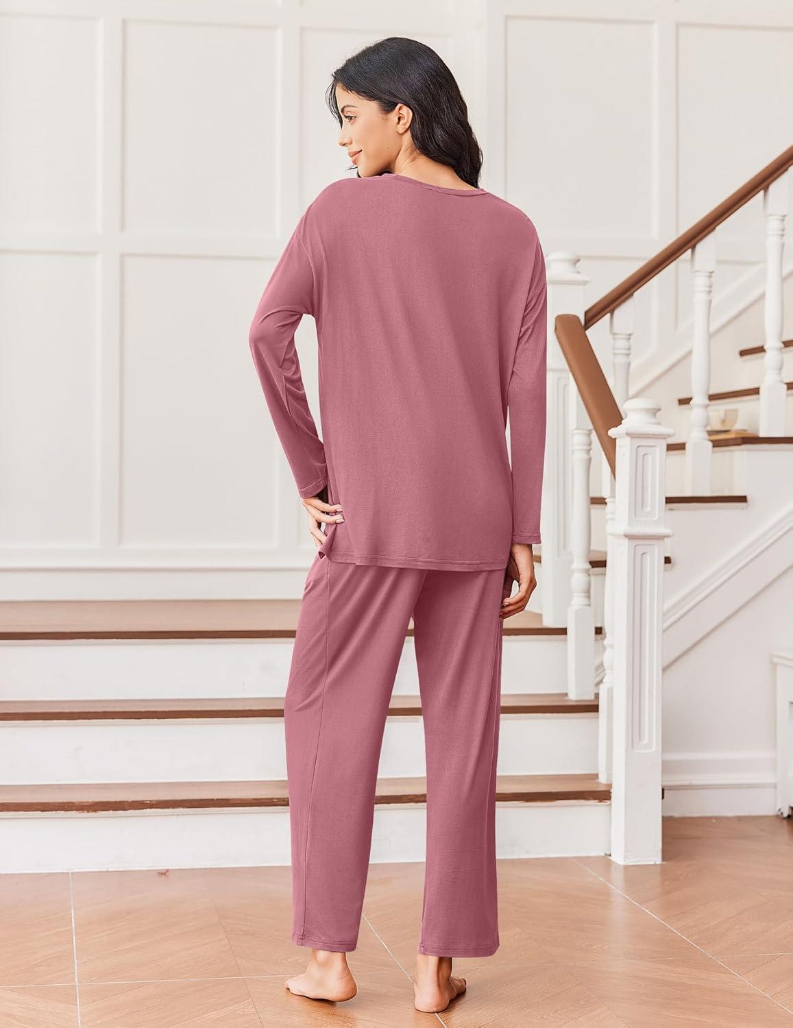 imageEkouaer Lounge Sets for Women Long Sleeve Pajamas Fall Loungewear Soft Comfy Pjs Two Piece Travel Outfits SetOld Rose