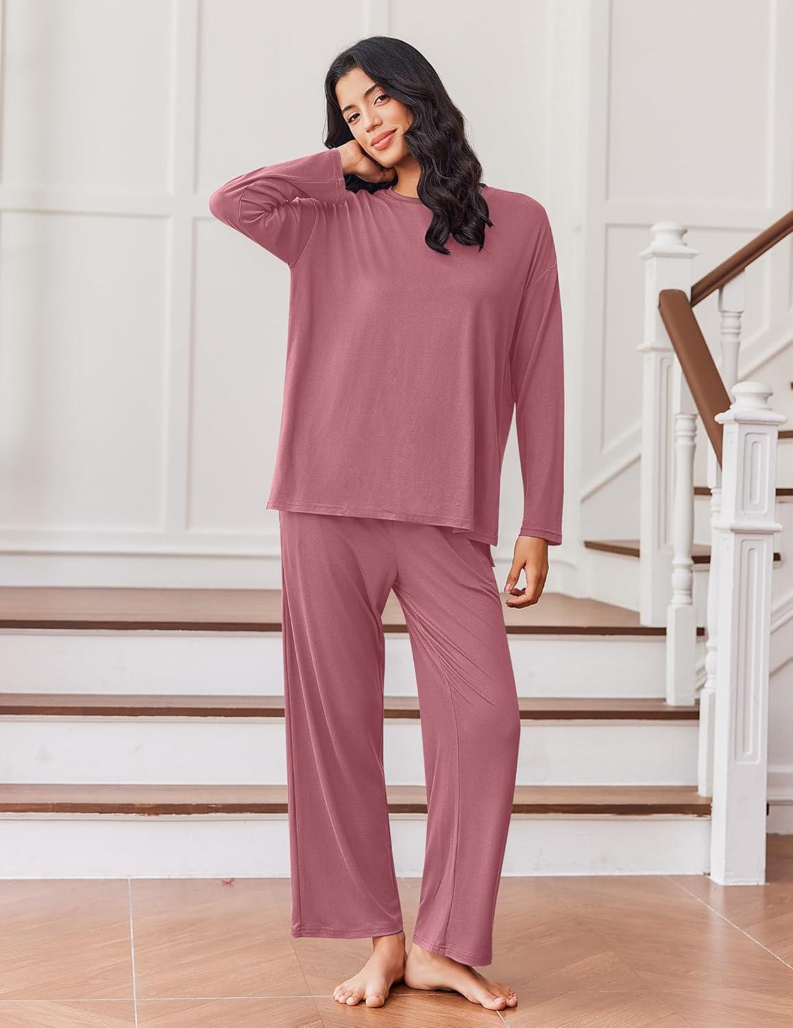 imageEkouaer Lounge Sets for Women Long Sleeve Pajamas Fall Loungewear Soft Comfy Pjs Two Piece Travel Outfits SetOld Rose