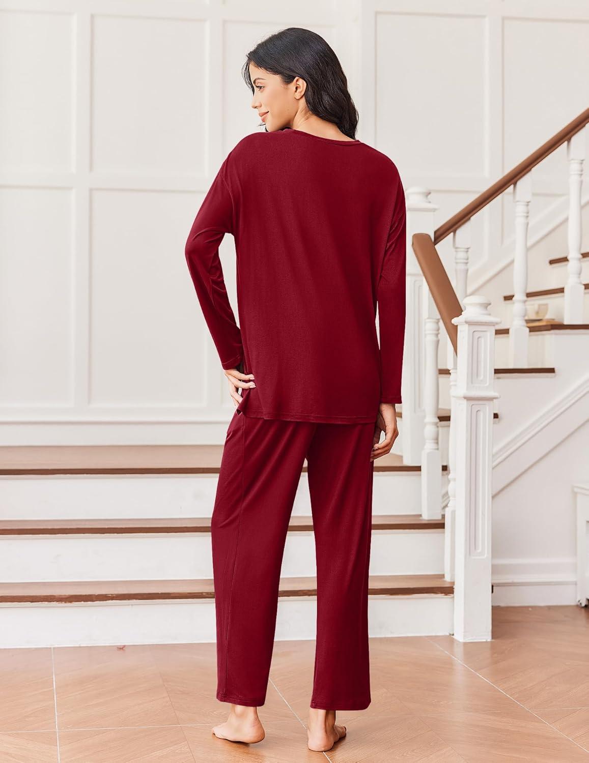 imageEkouaer Lounge Sets for Women Long Sleeve Pajamas Fall Loungewear Soft Comfy Pjs Two Piece Travel Outfits SetWine Red