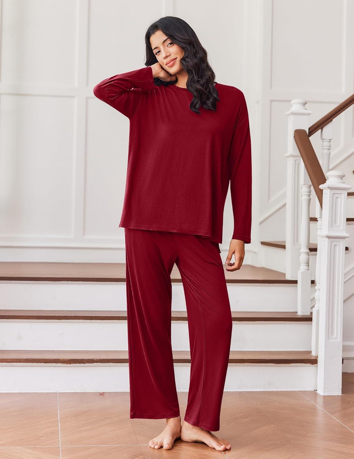 imageEkouaer Lounge Sets for Women Long Sleeve Pajamas Fall Loungewear Soft Comfy Pjs Two Piece Travel Outfits SetWine Red