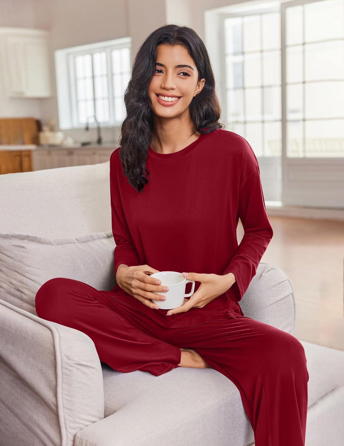 imageEkouaer Lounge Sets for Women Long Sleeve Pajamas Fall Loungewear Soft Comfy Pjs Two Piece Travel Outfits SetWine Red
