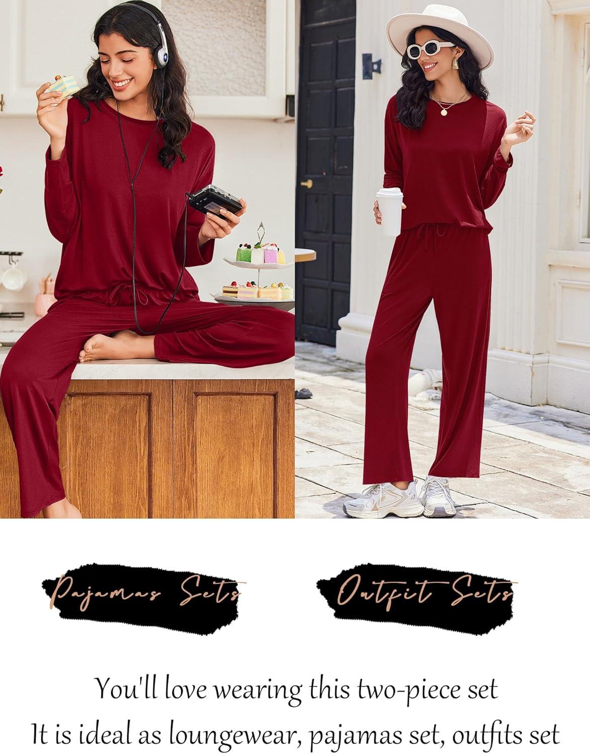 imageEkouaer Lounge Sets for Women Long Sleeve Pajamas Fall Loungewear Soft Comfy Pjs Two Piece Travel Outfits SetWine Red