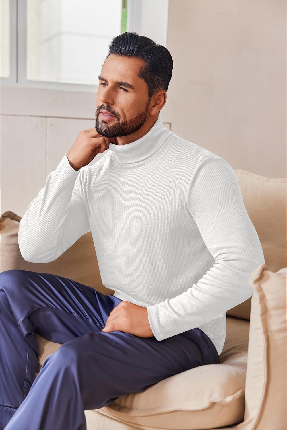 imageEkouaer Mens Turtleneck Shirts Ribbed Lightweight Sweater Long Sleeve Casual Pullover Thermal Undershirts SXXLWhite
