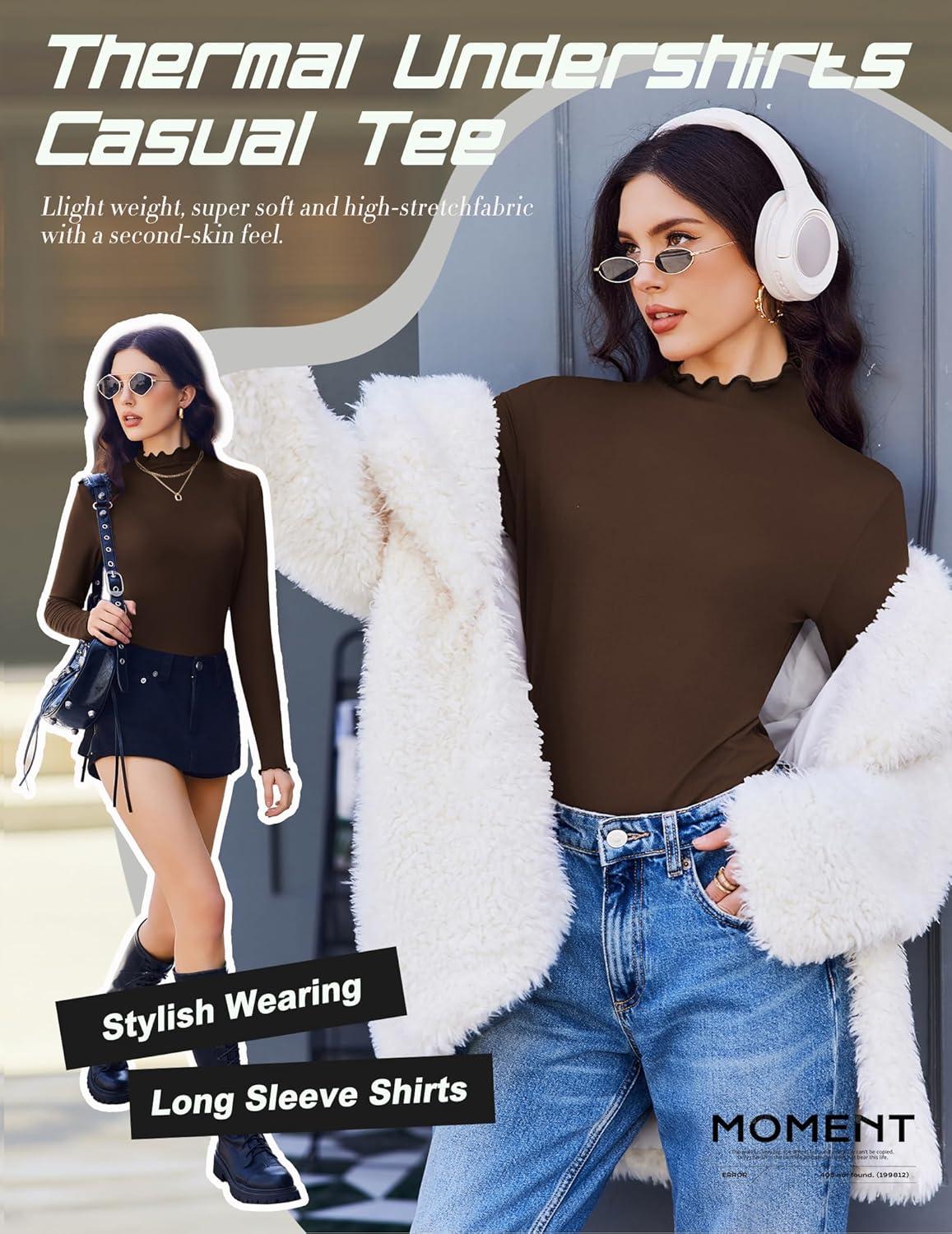 imageEkouaer Mock Turtle Neck Tops for Women 3 Pack Long Sleeve Thermal Tops Basic Undershirt Casual Basic TeeBlackBrownLight Brown