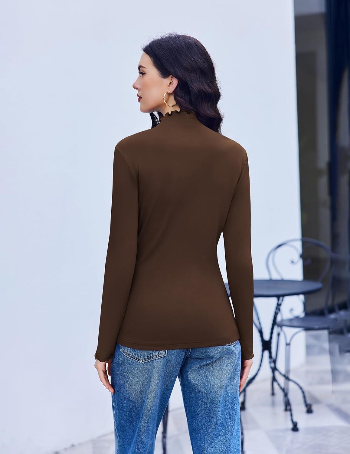 imageEkouaer Mock Turtle Neck Tops for Women 3 Pack Long Sleeve Thermal Tops Basic Undershirt Casual Basic TeeBlackBrownLight Brown