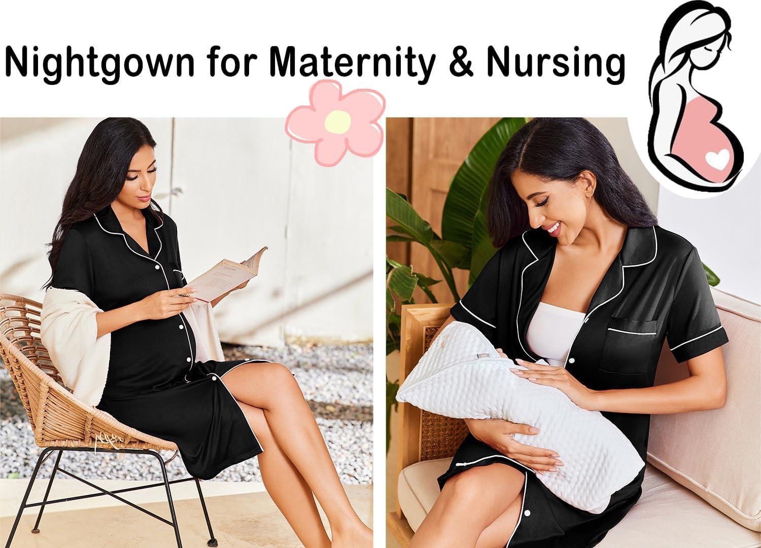 imageEkouaer Nightgowns for Women Button Down Sleepshirt Short Sleeve Nightshirt Boyfriend Pajamas V Neck Nightdress SXXXLBlack