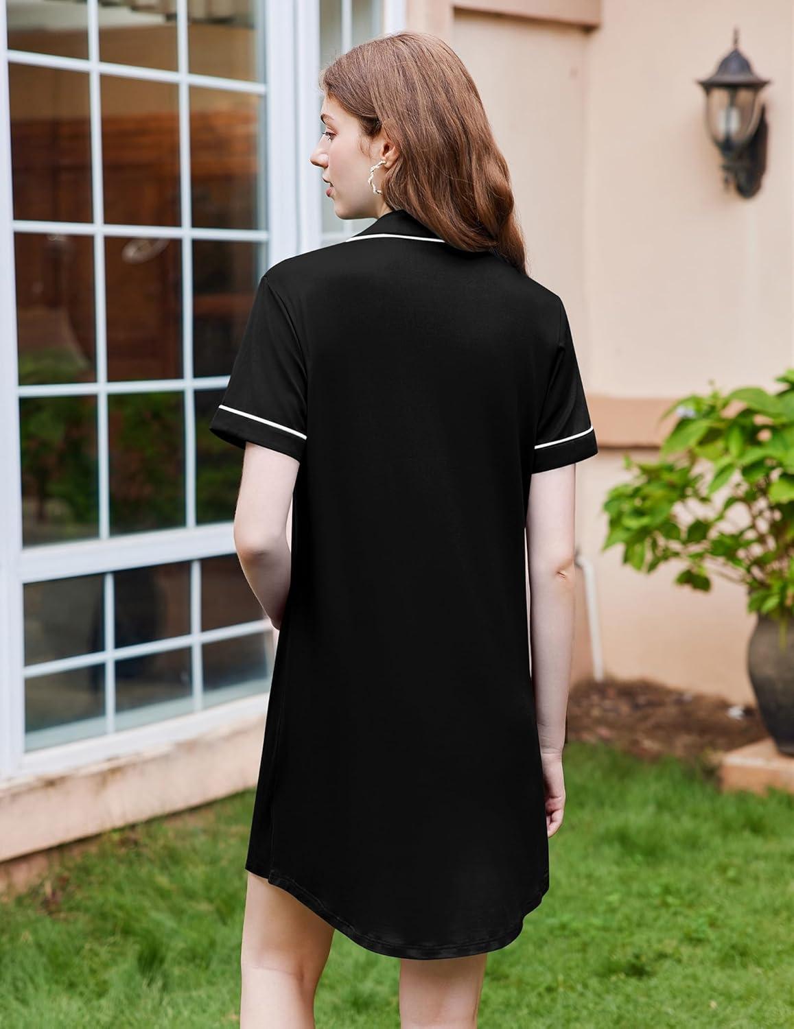 imageEkouaer Nightgowns for Women Button Down Sleepshirt Short Sleeve Nightshirt Boyfriend Pajamas V Neck Nightdress SXXXLBlack