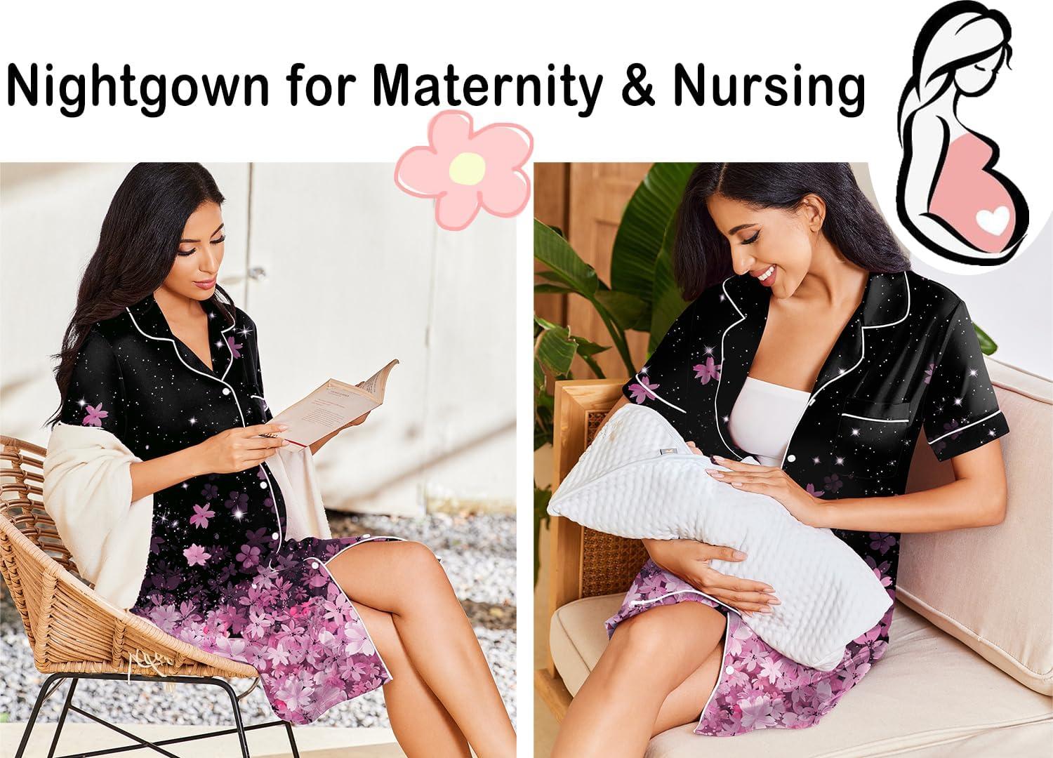 imageEkouaer Nightgowns for Women Button Down Sleepshirt Short Sleeve Nightshirt Boyfriend Pajamas V Neck Nightdress SXXXLBlack Pink Sakura