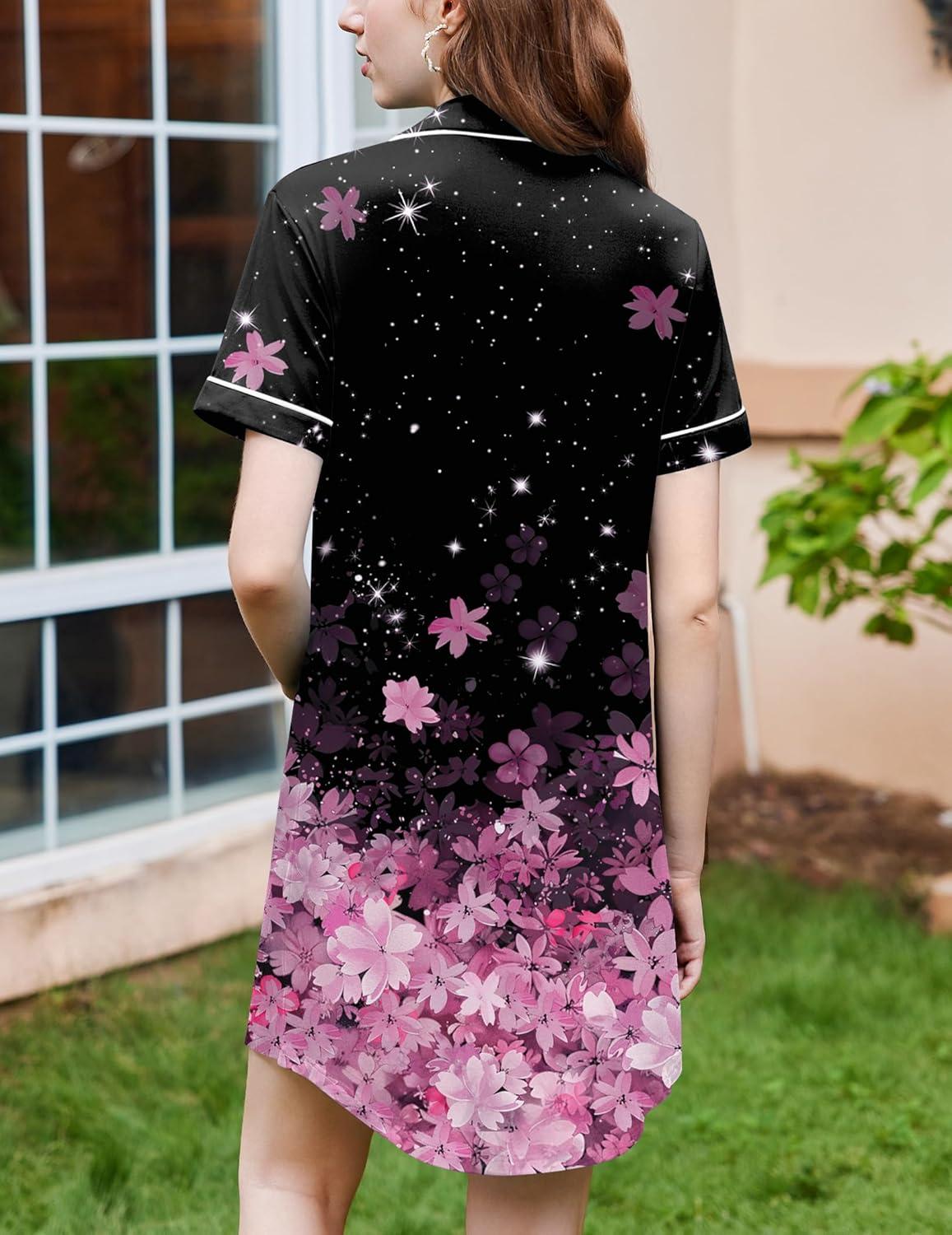 imageEkouaer Nightgowns for Women Button Down Sleepshirt Short Sleeve Nightshirt Boyfriend Pajamas V Neck Nightdress SXXXLBlack Pink Sakura