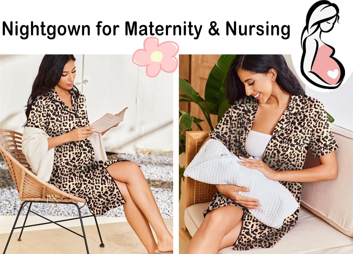 imageEkouaer Nightgowns for Women Button Down Sleepshirt Short Sleeve Nightshirt Boyfriend Pajamas V Neck Nightdress SXXXLBrown Leopard