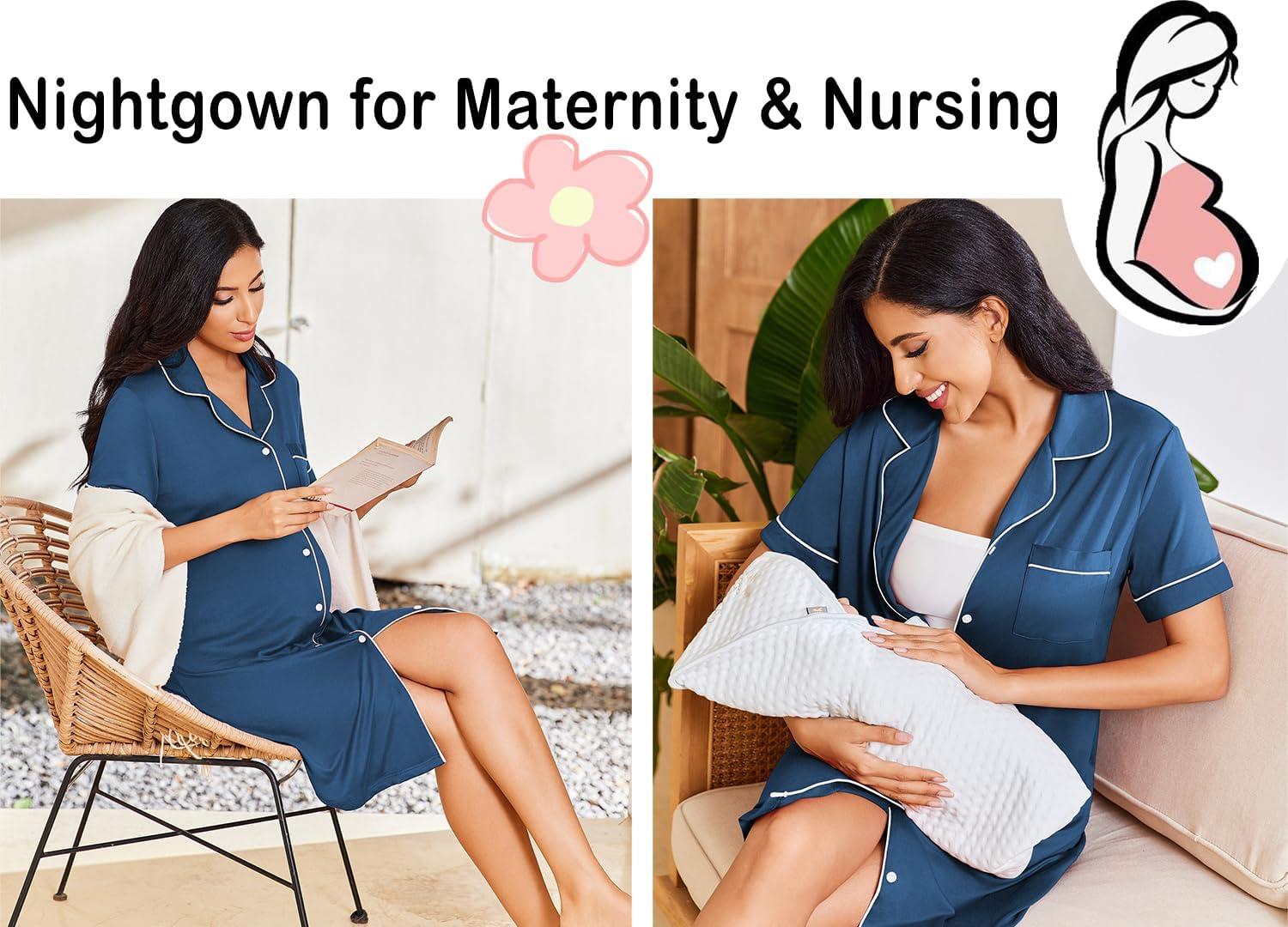 imageEkouaer Nightgowns for Women Button Down Sleepshirt Short Sleeve Nightshirt Boyfriend Pajamas V Neck Nightdress SXXXLDark Blue