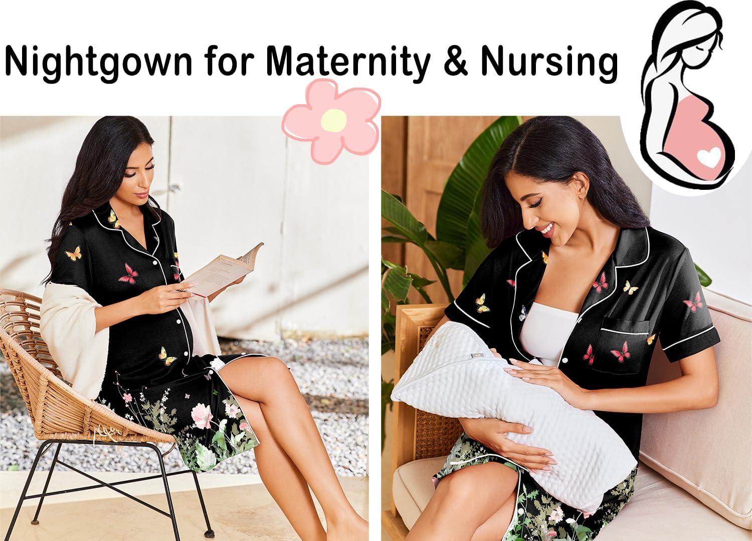 imageEkouaer Nightgowns for Women Button Down Sleepshirt Short Sleeve Nightshirt Boyfriend Pajamas V Neck Nightdress SXXXLGreen Leaf