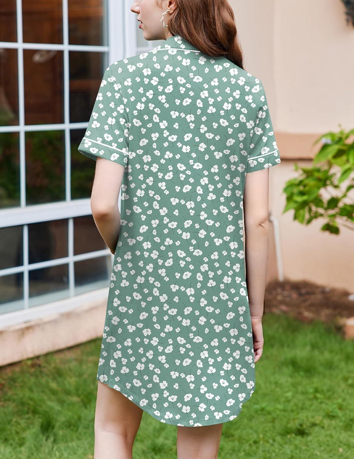 imageEkouaer Nightgowns for Women Button Down Sleepshirt Short Sleeve Nightshirt Boyfriend Pajamas V Neck Nightdress SXXXLGreen White Florals