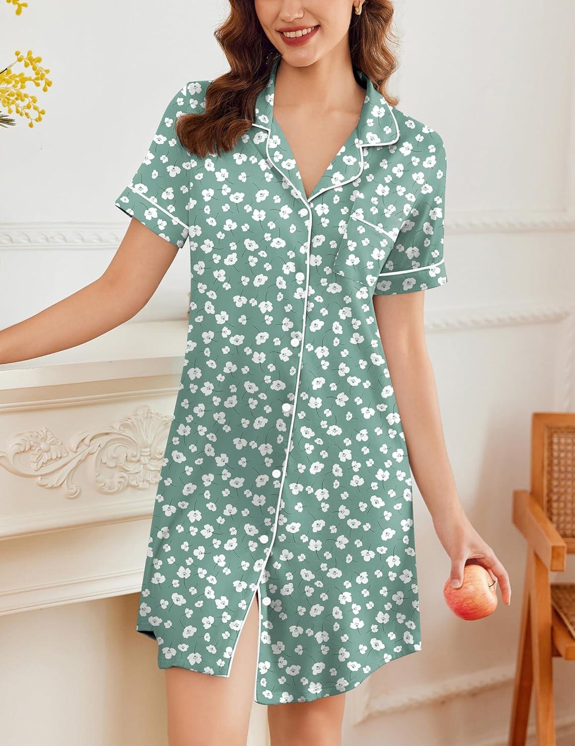 imageEkouaer Nightgowns for Women Button Down Sleepshirt Short Sleeve Nightshirt Boyfriend Pajamas V Neck Nightdress SXXXLGreen White Florals