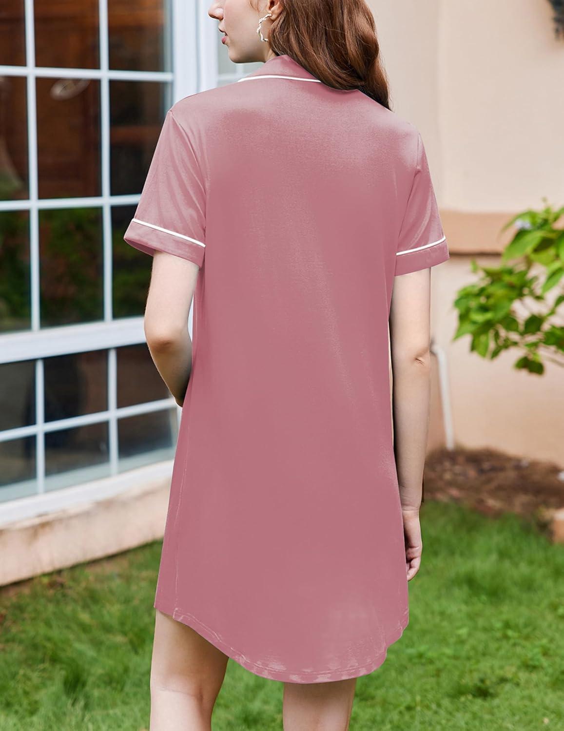imageEkouaer Nightgowns for Women Button Down Sleepshirt Short Sleeve Nightshirt Boyfriend Pajamas V Neck Nightdress SXXXLGrey Purple