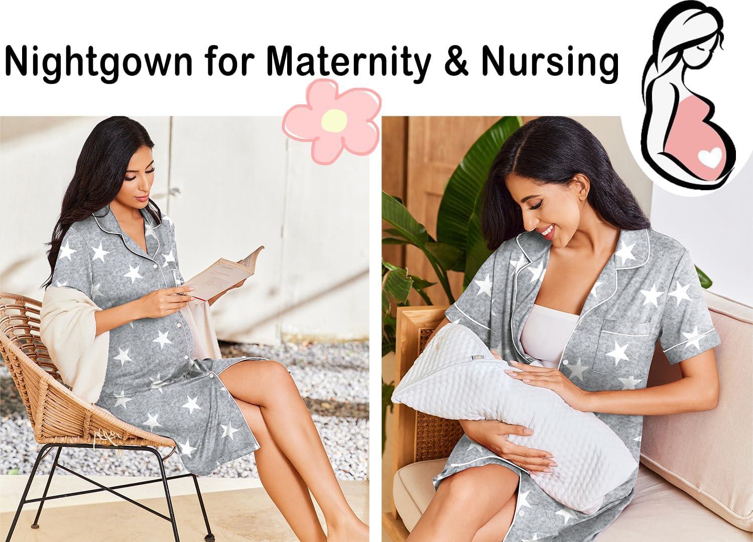 imageEkouaer Nightgowns for Women Button Down Sleepshirt Short Sleeve Nightshirt Boyfriend Pajamas V Neck Nightdress SXXXLGrey Star